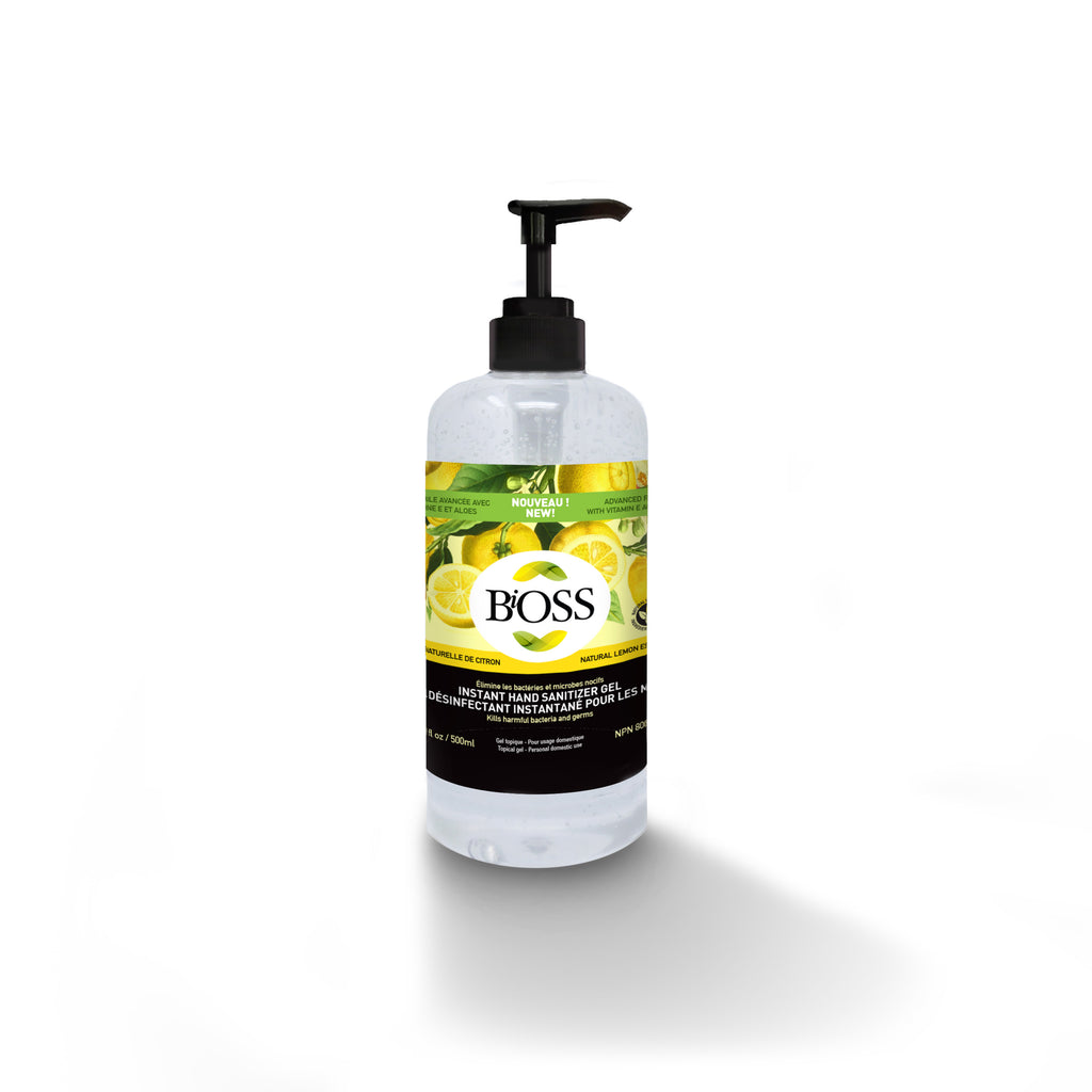 GEL DÉSINFECTANT POUR LES MAINS | BiOSS Formule Avancée 500ml - Vitamine E et huile de citron naturelle