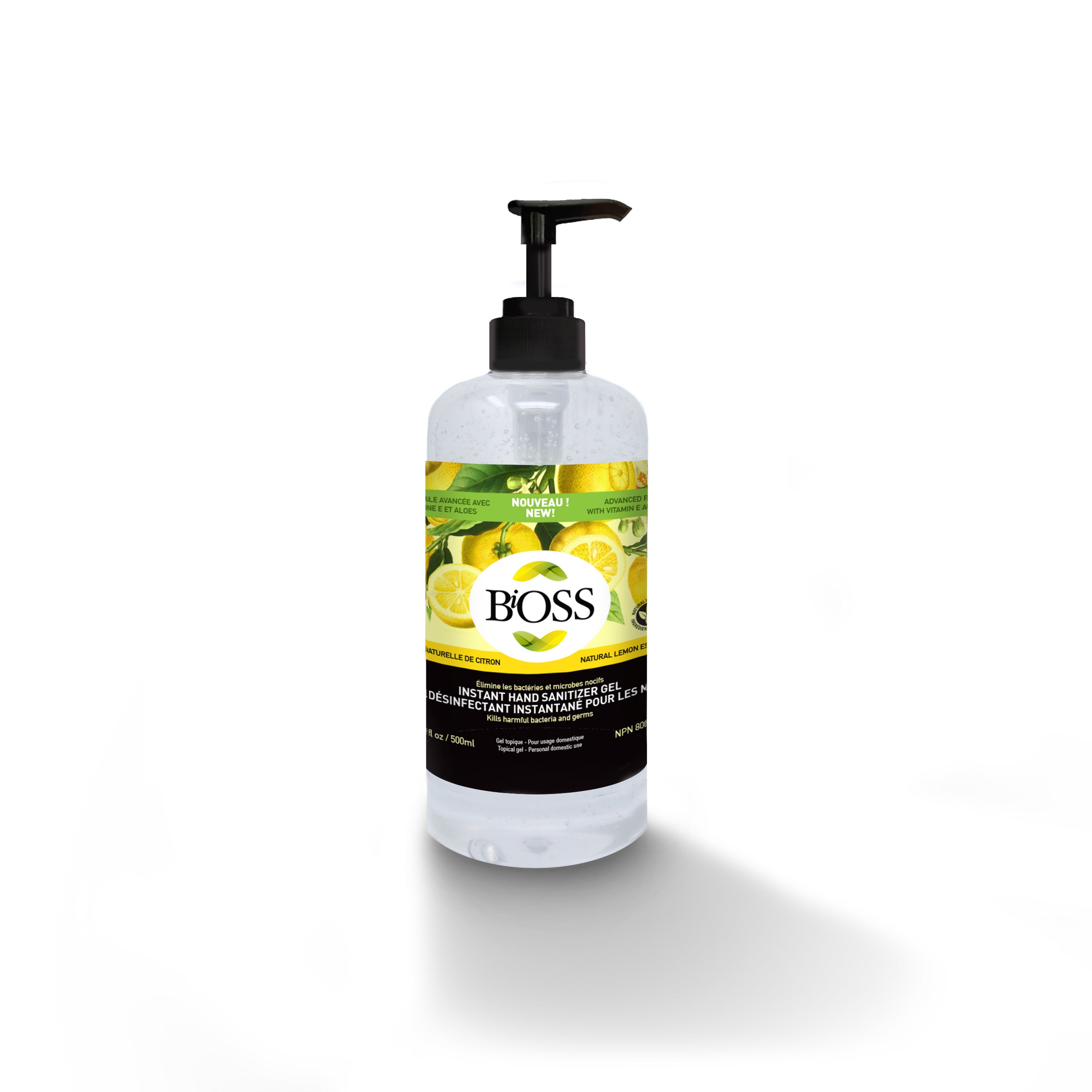 GEL DÉSINFECTANT POUR LES MAINS | BiOSS Formule Avancée 500ml - Vitamine E et huile de citron naturelle