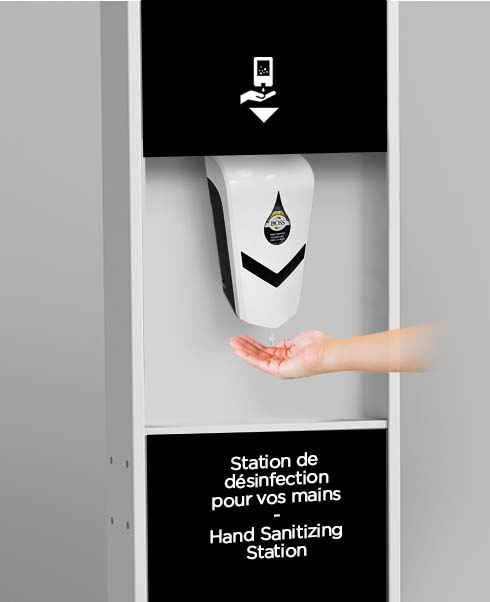 Station de désinfection pour les mains - Ensemble incluant 1 x présentoir, 1 x distributeur et  3 x recharges