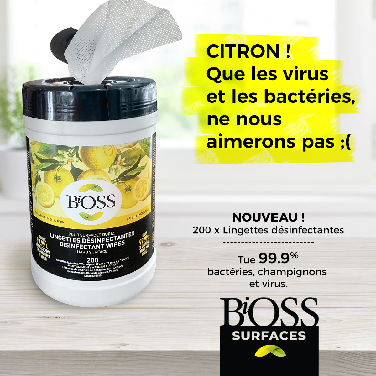 LINGETTES DÉSINFECTANTES POUR SURFACES | BiOSS 200 - Parfum citron